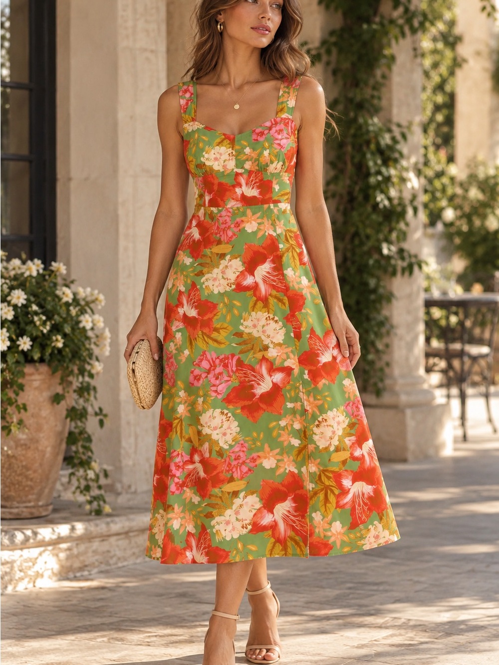 Vince Camuto Green Midi Dress with Coral and Pink Floral Print